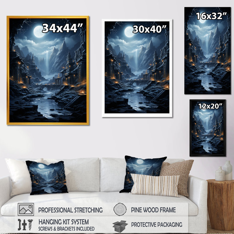 Moonlit Cliffside Mistery Landscape II - lune, art mural, Cadre flottant noir, H 20 po x l 12 po x P 1 po