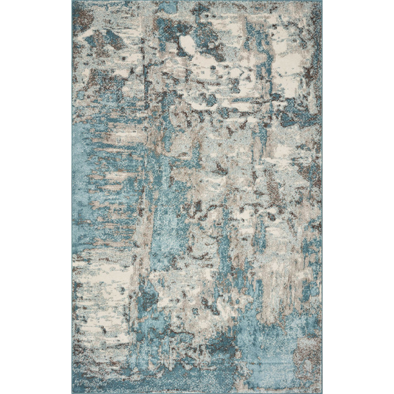 Tapis ivoire / bleu sarcelle tissé à la machine Rizac, Rectangle 6 pi 7 po x 9 pi 6 po