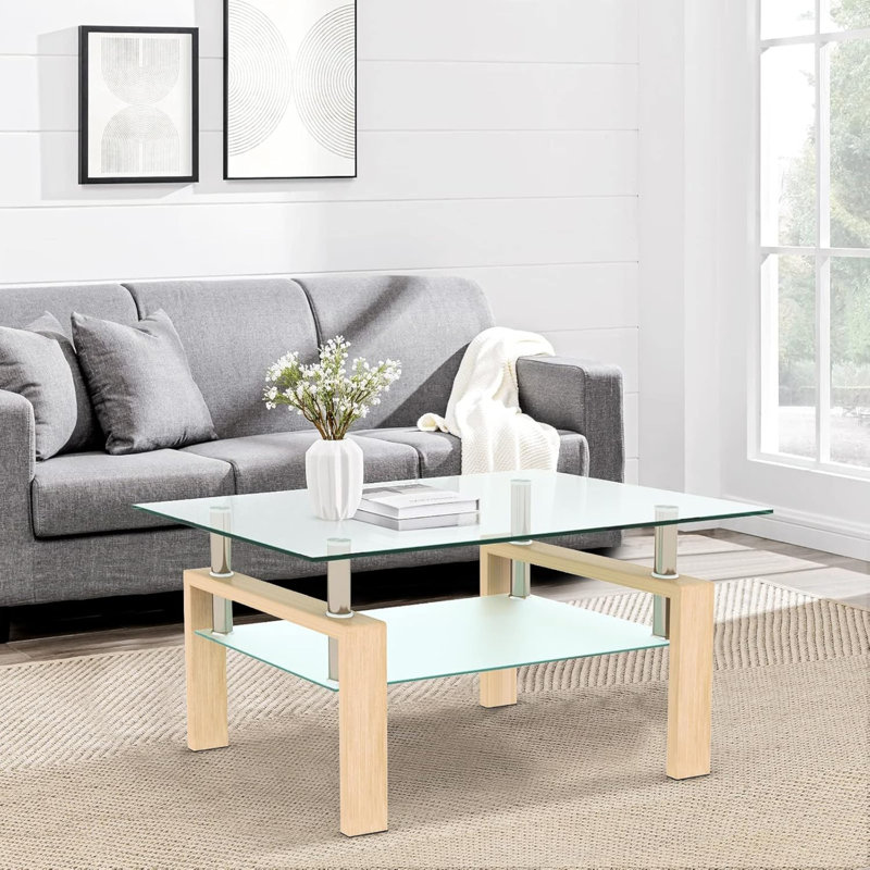 Table basse de salon en verre trempé transparent, 2 couches, H 17,7 po x L 39,37 po x l 23,62 po, Clair, Chêne