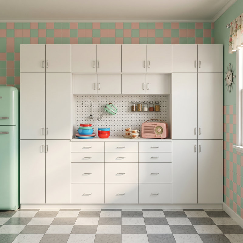 Large garde-manger de 126 po avec 12 tiroirs et panneau perforé