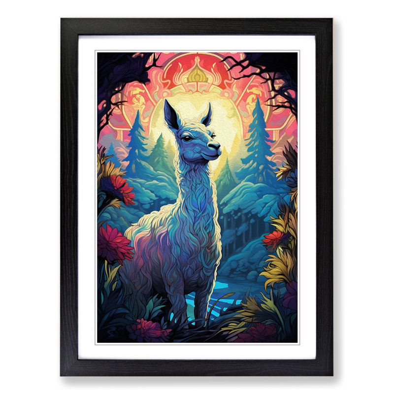 Llama Nouveau - Single Picture Frame Print on Wood, Black Framed, 64cm H x 46cm W x 2cm D