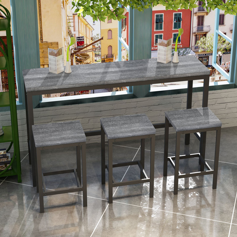 Long Dining Table Set with 3 Stools, Gray