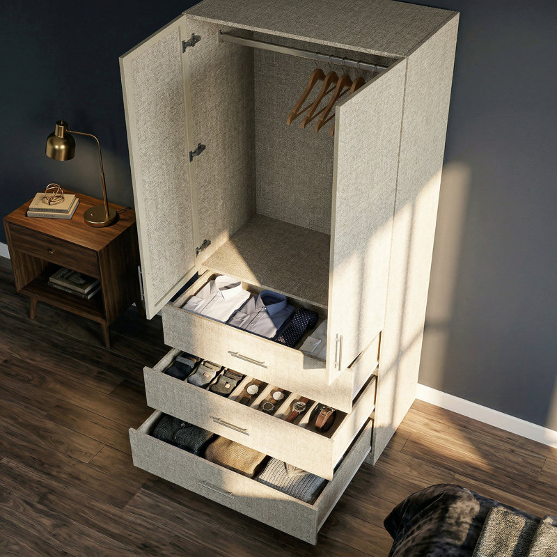 77.1'' H Linen-Textured 2-Door Armoire With 3 Drawers