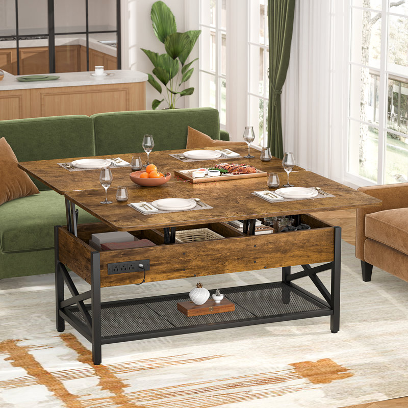 Table basse Kristien, Plateau moyen en bois jaune / base noire