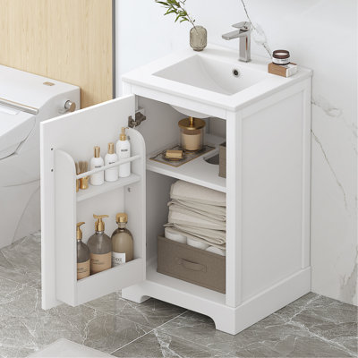 Meuble-lavabo de 20 po avec lavabo, armoire de salle de bain avec porte à fermeture douce, support de rangement et tablette réglable, blanc
