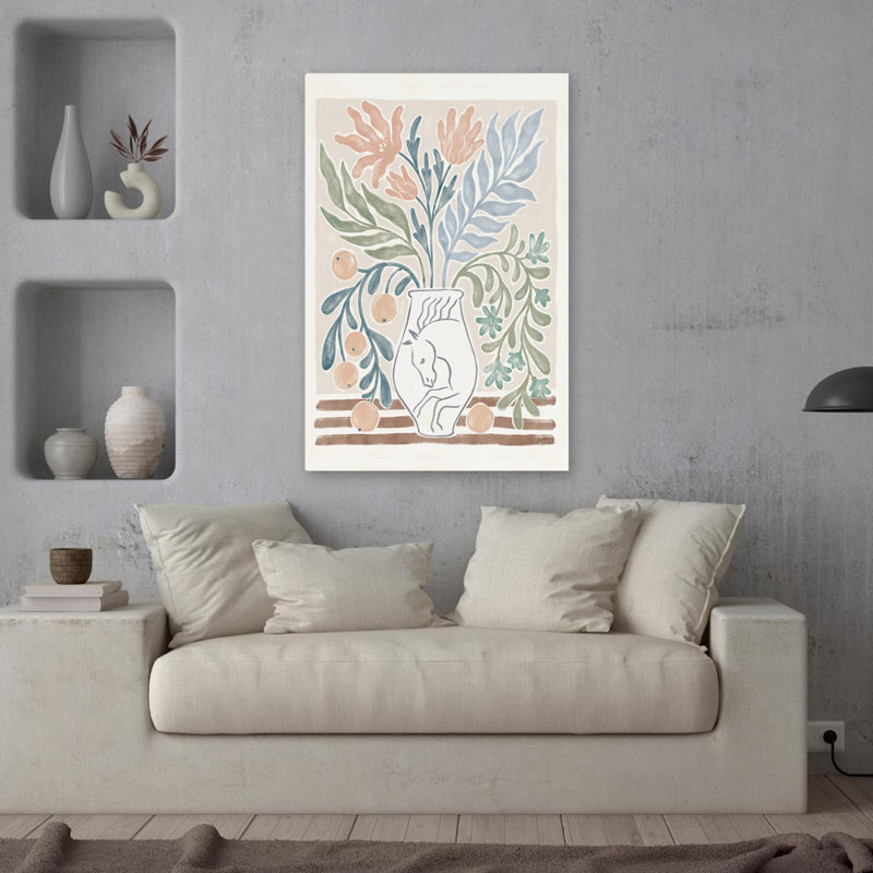 Chypre V neutre - Bouquets bleus, art d'agrumes bruns, H 36 po x l 24 po