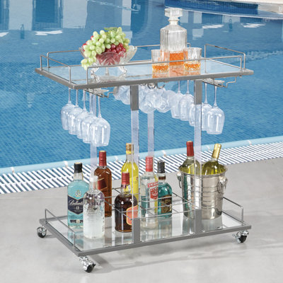 Kibwe Metal & Acrylic Bar Cart with Glass Shelves and Stemware Rack
