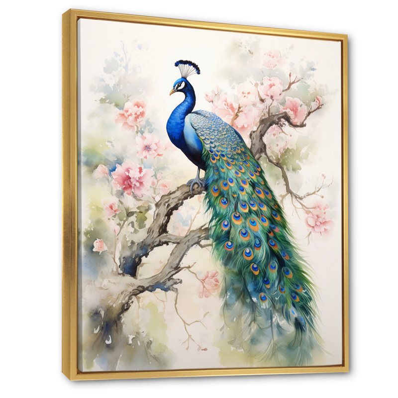 Badrulla Blue Ink Wash Peacock I Framed On Canvas Print, 32" H x 16" W, Gold Floater Framed