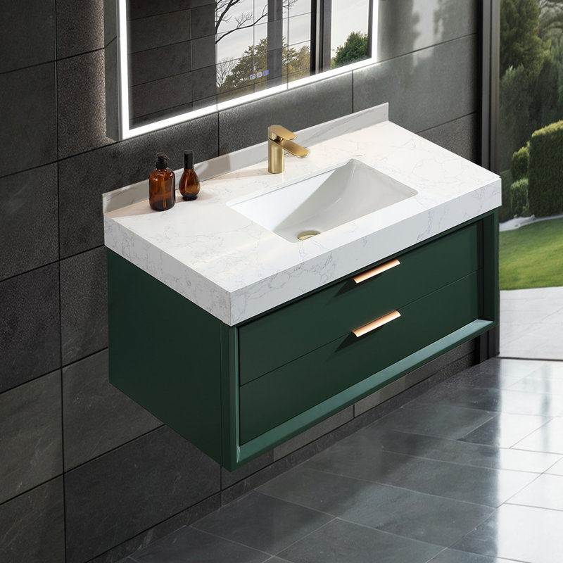 Solid wood 36'' Modern Wall Mounted Single Bathroom Vanity with Engineered Stone Top and Light, Green
