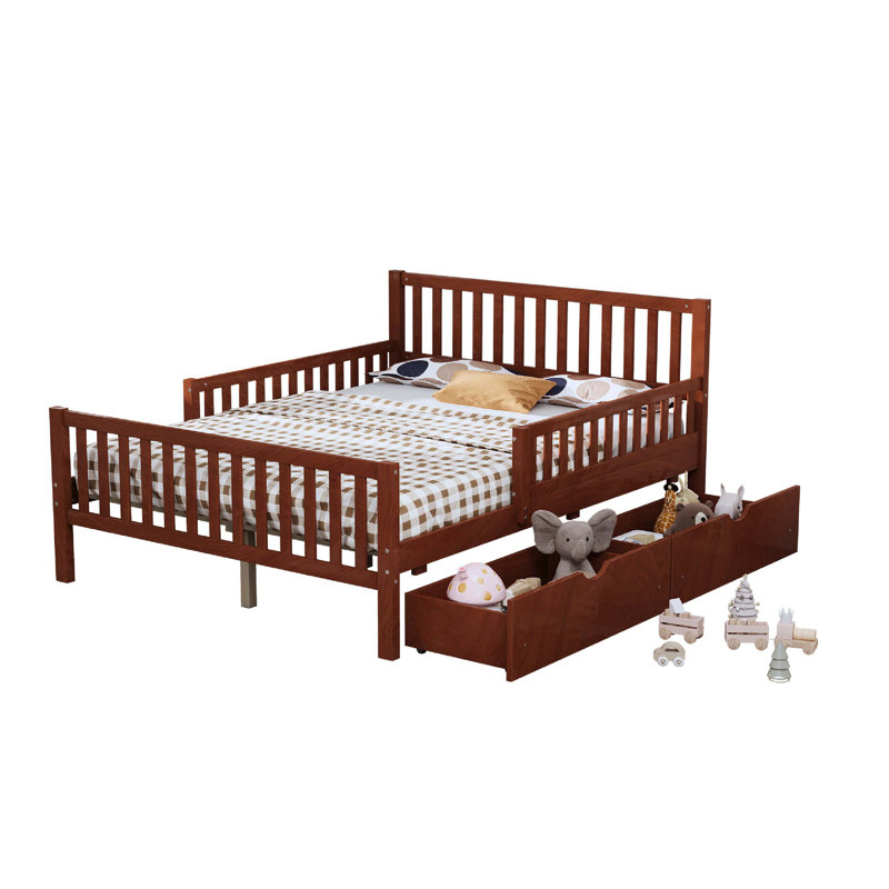 Lit plateforme en bois noyer avec garde-corps double et 2 tiroirs de rangement, Lit double, Noyer