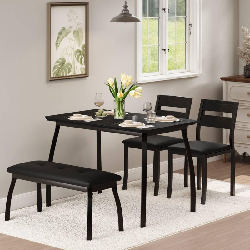 Dining Table Set for 4, Sturdy Wooden Kitchen Table with Chamfer Design and Metal legs, Upholstered Bench, Black