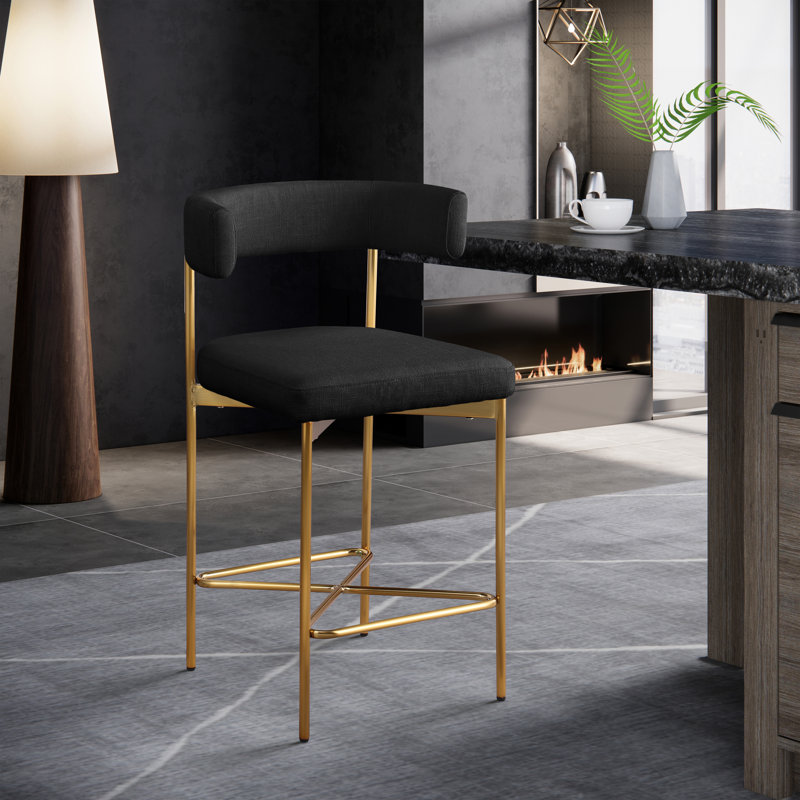 Klaas Upholstered Counter Stool with Metal Frame, Black Linen Textured Fabric