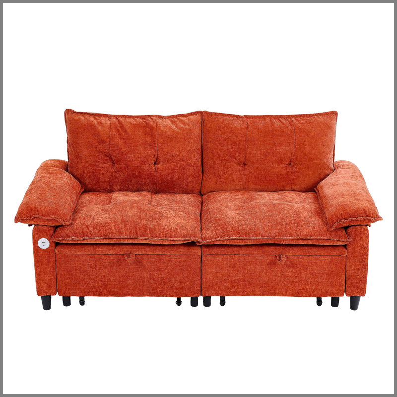 Canapé-lit convertible 73 po en velours orange avec matelas coulissant