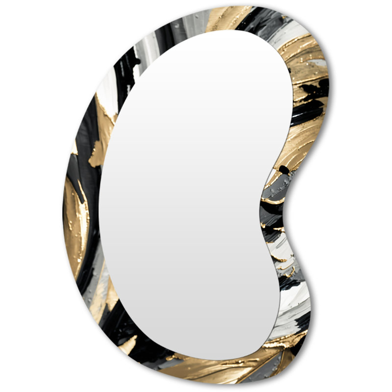 "Eutropio" Rythme du plaisir abstrait noir et or I - peinture abstraite de forme irrégulière, miroir mural unique, miroir asymétrique moderne, impression d'art en métal