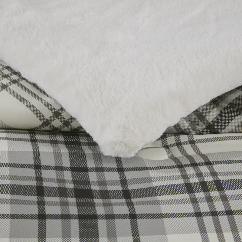 Full Gray Plaid Faux Fur Down Alternative Comforter Set