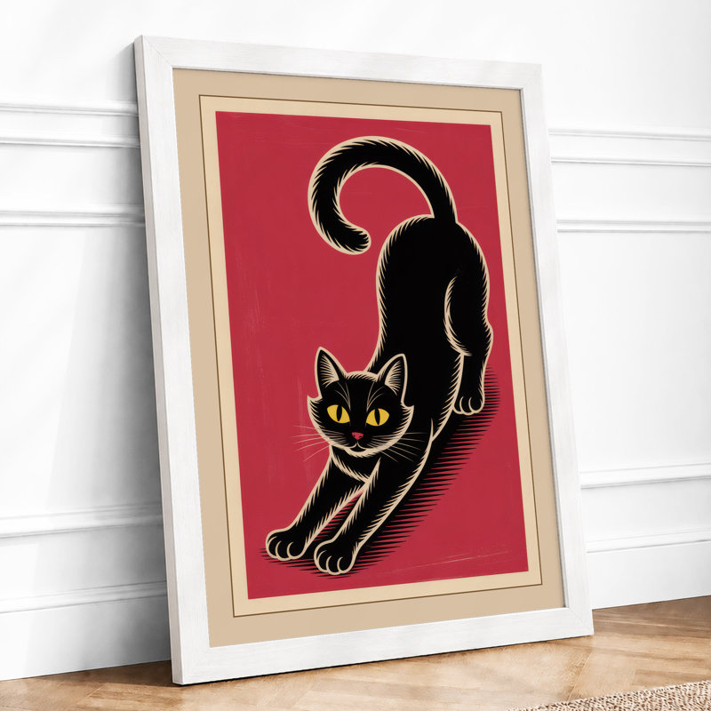 Stretching Cat Art Deco - Framed Print, A4 - 29.7 x 21.0 cm, White