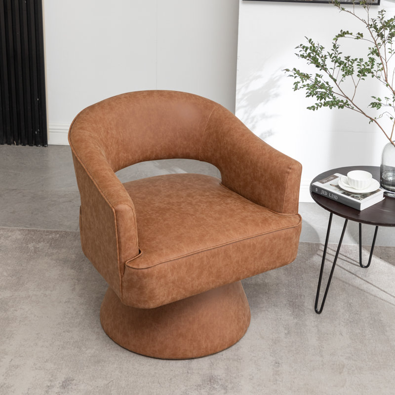 Kiersten Faux Leather Swivel Barrel Chair, Brown Faux Leather, 1