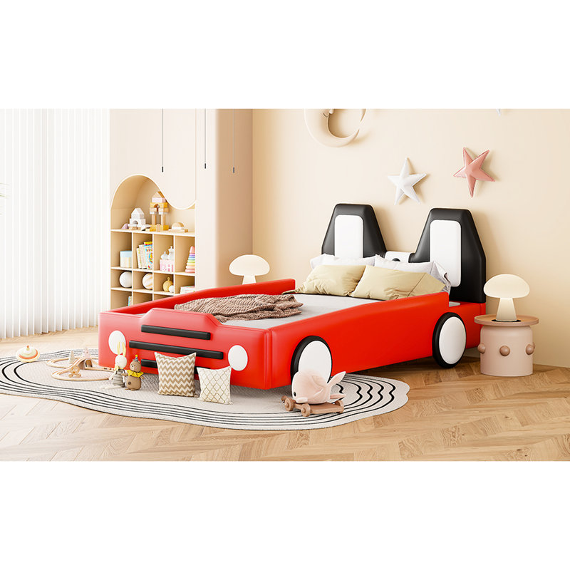 Lit plateforme simple avec roulettes et look de voiture de course rouge, en forme de voiture fonctionnelle - rouge, procurant un sommeil réparateur