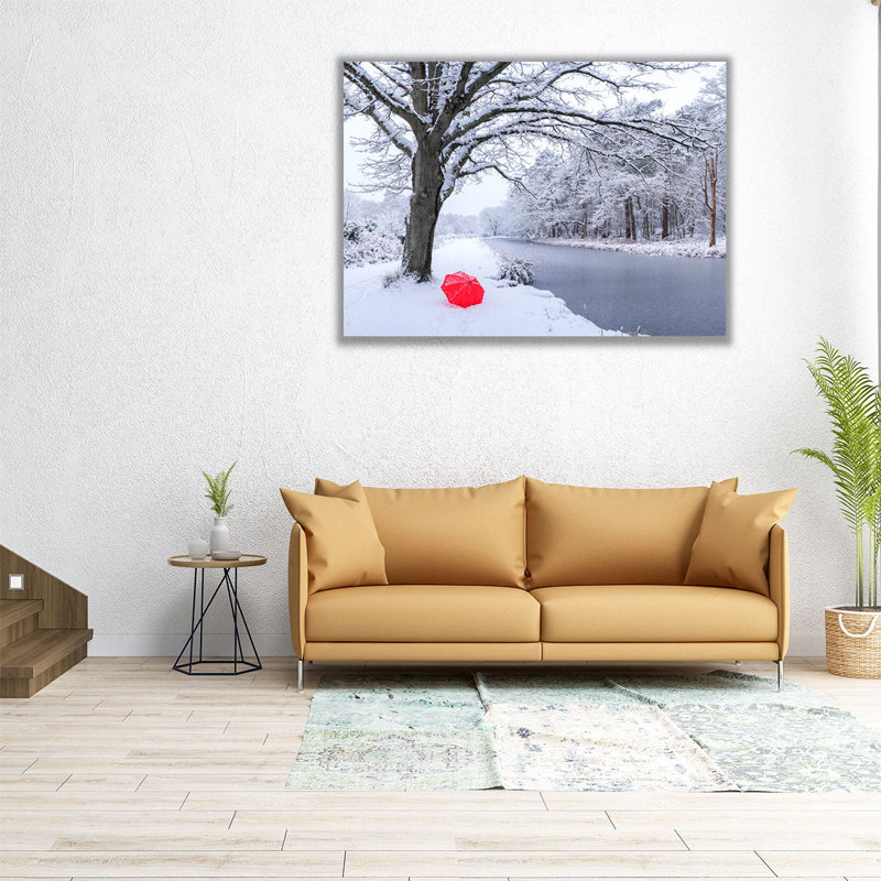 Umbrella by a Canal with Snow Covered Trees - Canvas Print Wall Art, 18" H x 24" W
