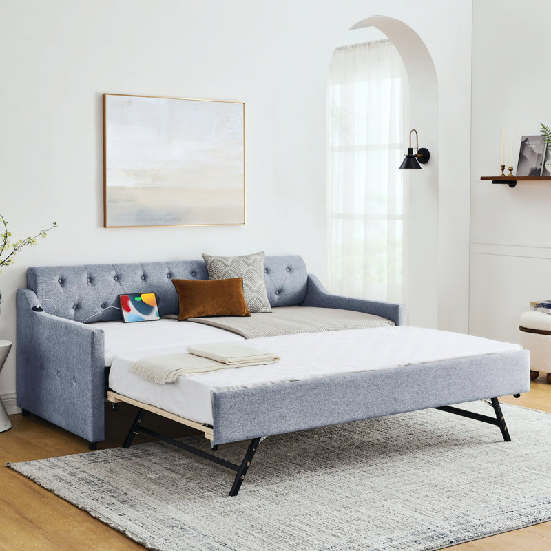 Daybed With Trundle And USB Charging Design, Gray