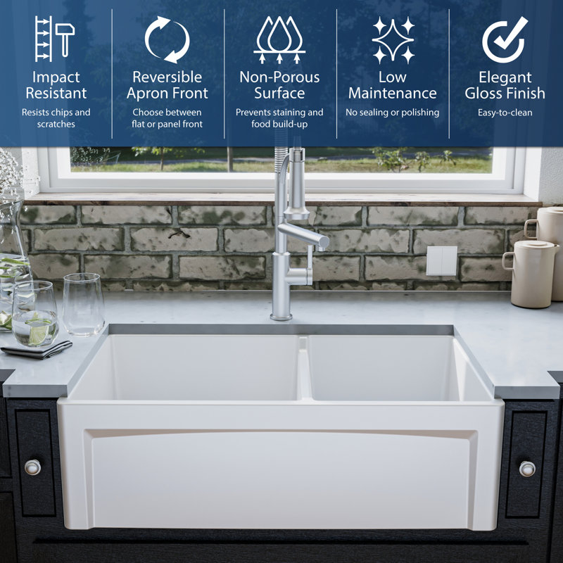 White 33" Double Bowl Fireclay Farmhouse Kitchen Sink