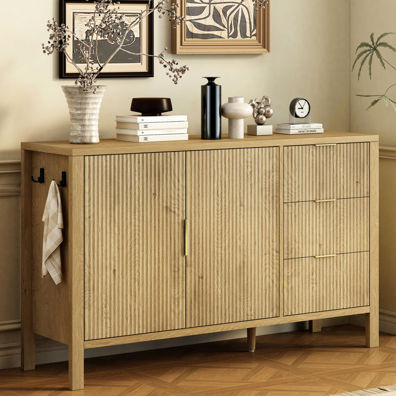 Buffet en U avec 3 tiroirs, crochets de buffet modernes à motif de vagues et pied central supplémentaire pour le hall d'entrée, avec couloir polyvalent à conception polyvalente