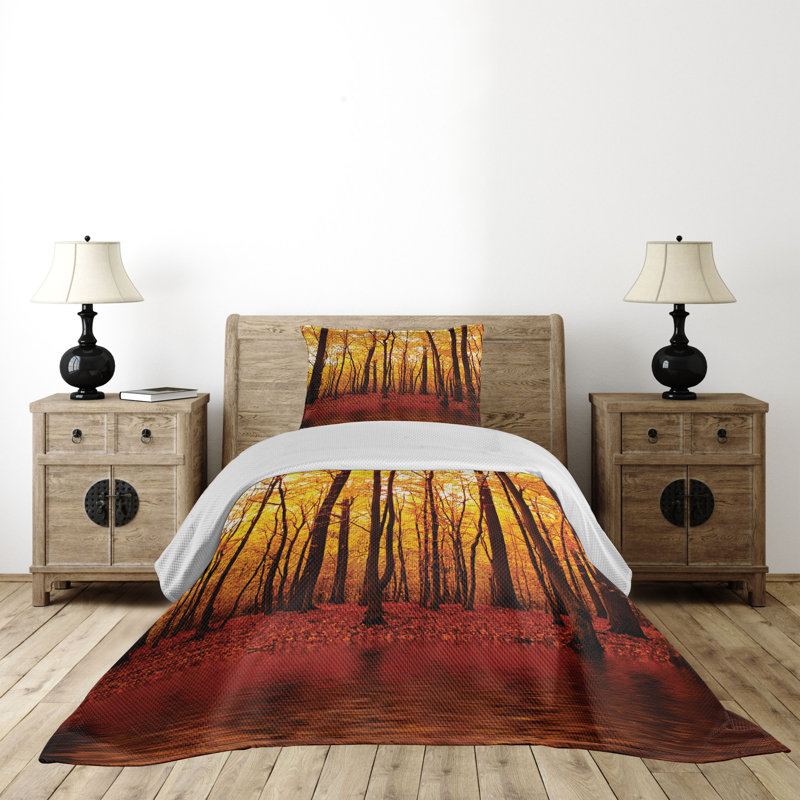 King Size Autumn Forest Quilted Bedspread Set in Brown and Orange