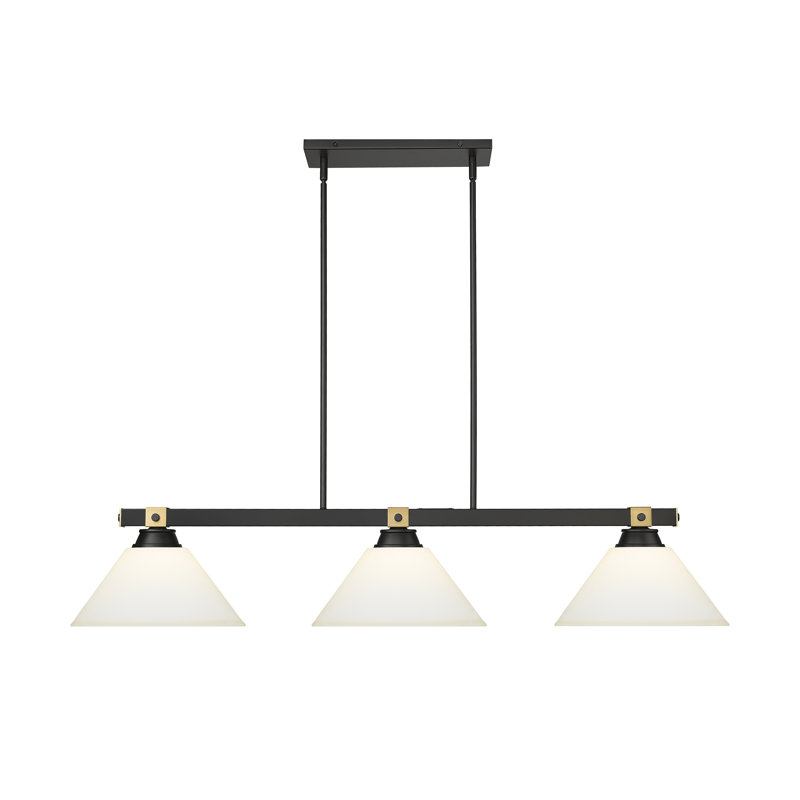 Billard 3 lumières Arles en noir mat + laiton frotté, Opale mat, H 9,75 po x l 14 po x P 52,75 po