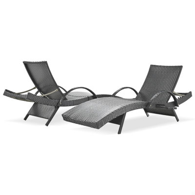 Outdoor Wicker Chaise Lounge Chairs Set Of 2, Patio Rattan Reclining Chair Pull-Out Side Table Adjustable Backrest Ergonomic Wave Design Pool Sunbathing Recliners