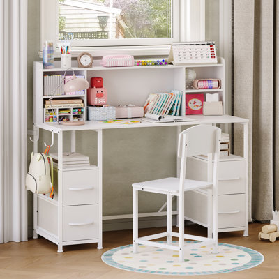 Kids Study Desk and Chair Set with Hutch, 4 Fabric Drawers, Storage Shelves and Hooks, Ergonomic Children’s Desk for Homework, Reading, Crafts, Bedroom or Playroom, Ages 6–12
