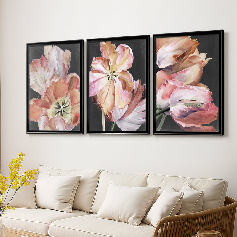 Pastel Parrot Tulips I - Toile tendue avec châssis encadré - 3 pièces, H 19 po x l 27 po, Noir