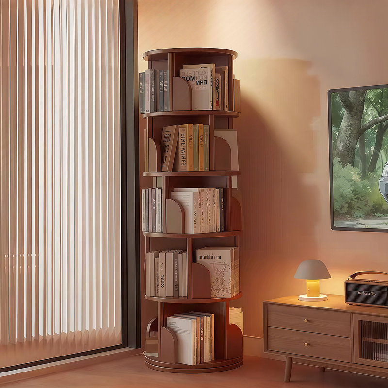 Bibliothèque rotative à 5 niveaux, bibliothèque rotative à 360 °, peu encombrante, petite bibliothèque rotative pour chambre à coucher, salon, maison, bureau, noyer