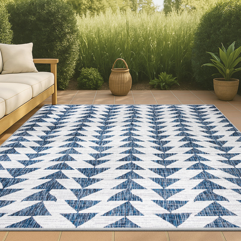 Anatolia Modern Tribal Geometric Blue/Ivory Indoor/Outdoor Rug, Rectangle 7'9" x 10'