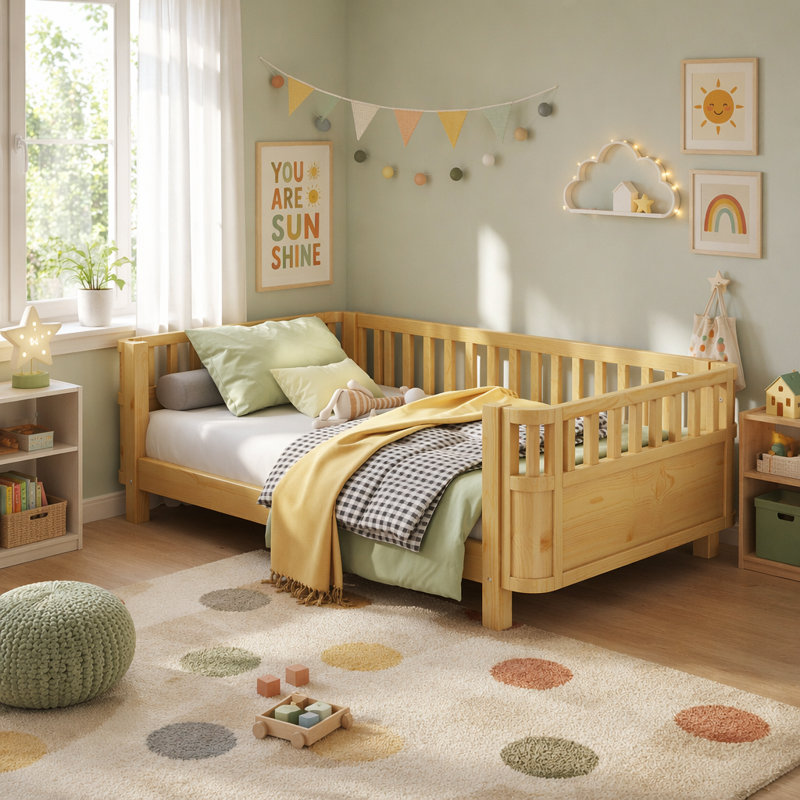 Twin Size Wood Platform Bed For Kids, Wood Low Profile Twin Bed With Rails , Natural (Patented Design), Natural, Twin