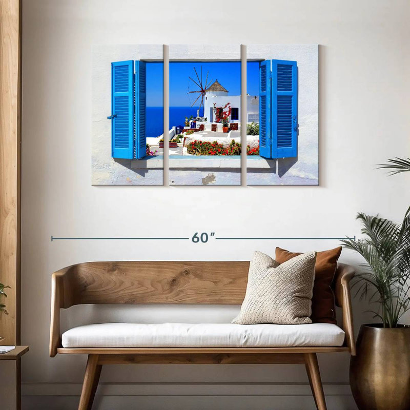 Sebbie Oia Windmill Window View, 28" H x 45" W