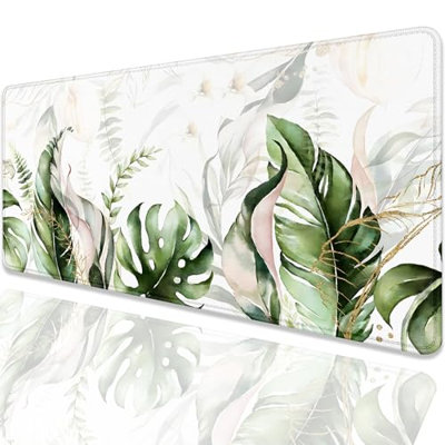 Green Tropical Leaves Mouse Pad Desk Pad,Green Sage Plant Extended Gaming Mouse Mat with Stitched Edges Non-Slip Waterproof Rubber Base Mous Mat for Office Home Game Desk Pad, 15.75 x 31.5 inComes with a pure white mug as a gift
