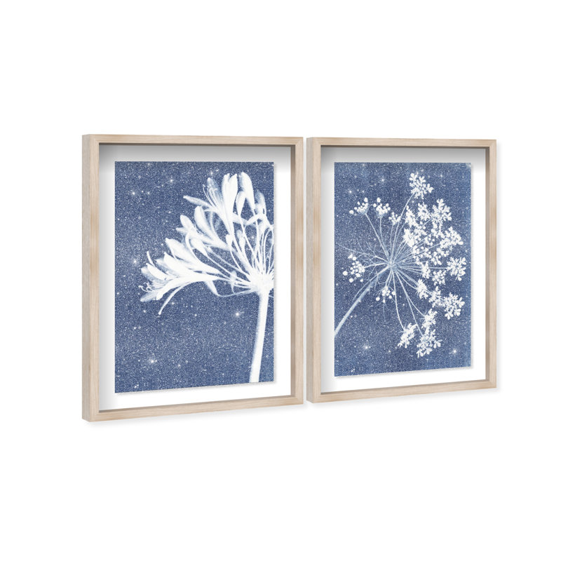 Cyan Flowers Set Set by Oliver Gal, 25"H x 37"W, Natural Oak Shadowbox