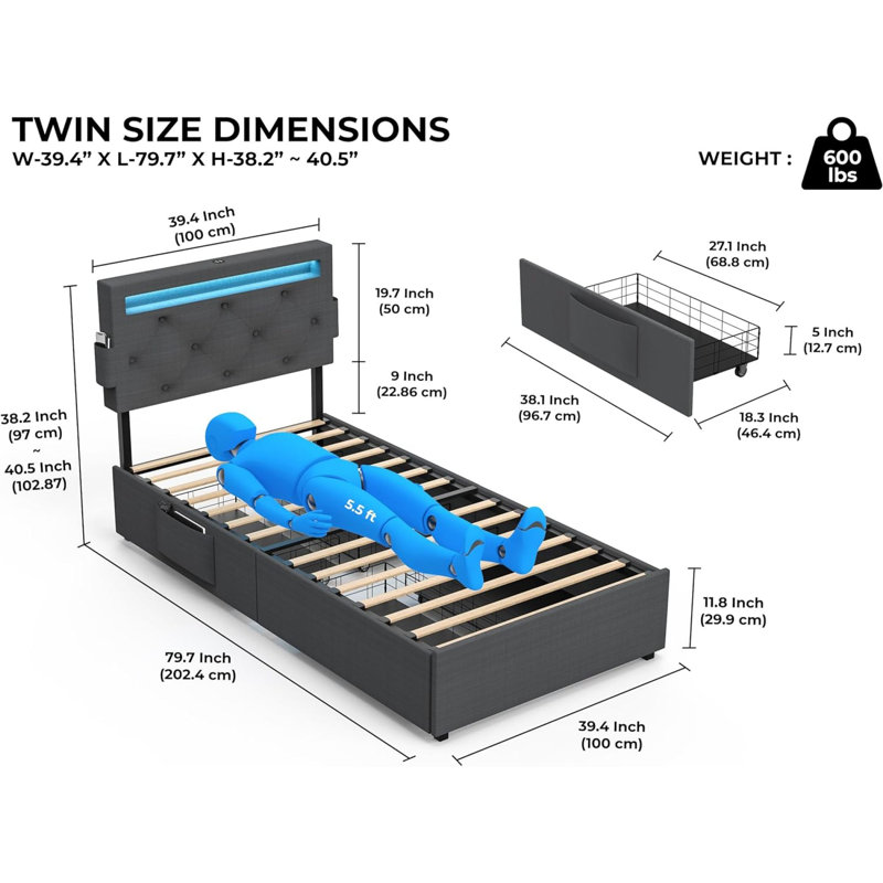 Structure de lit simple avec station de charge USB et lumières à DEL, tête de lit et quatre tiroirs de rangement, conception durable