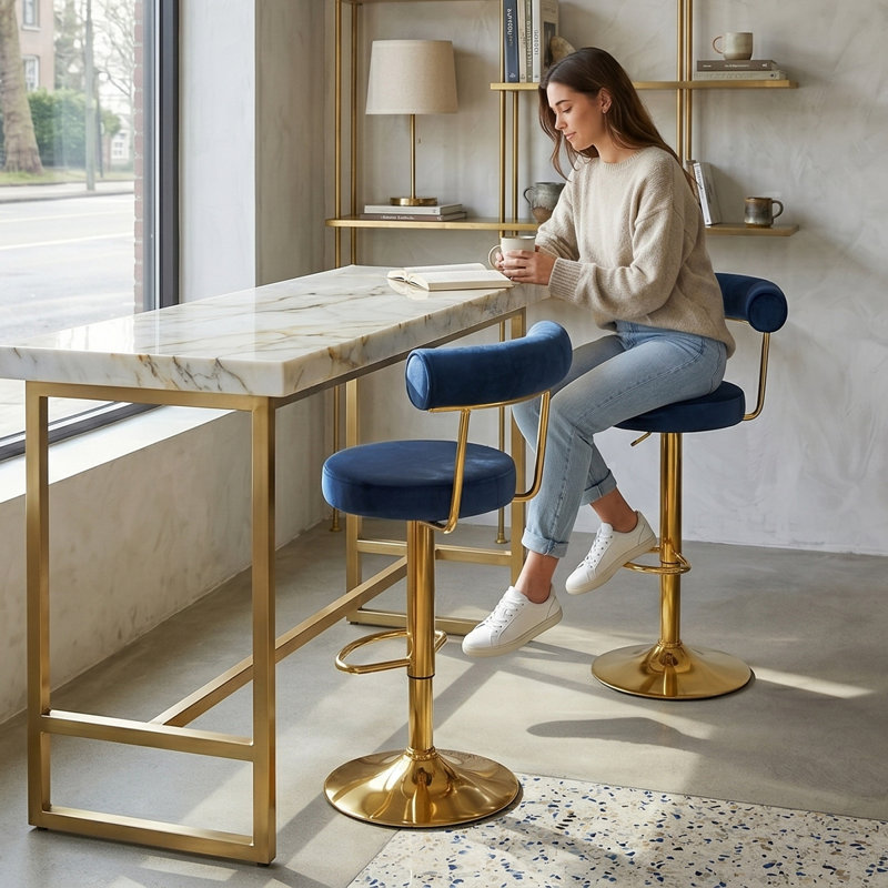 Modern Velvet Upholstered Swivel Adjustable Bar Stools with Gold Chrome Base, Blue