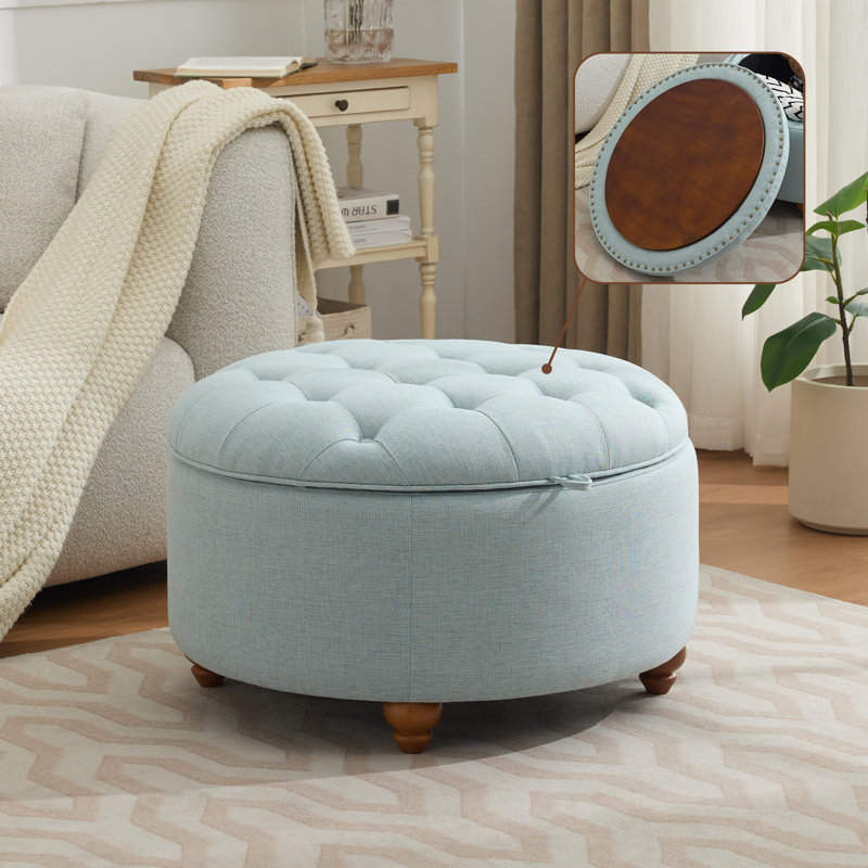 30’’ Wide Upholstered Tufted Round Storage Ottoman, Light Blue Linen