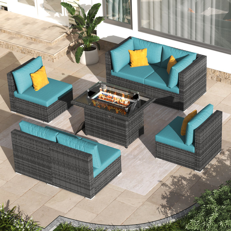 High Back 7 Piece Wicker Patio Conversation Furniture Set with Fire Pit Table and Cushions, Sectional Deep Seating Group
