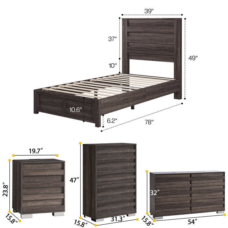  Ensemble de chambre à coucher pour lit simple 5 pièces Louby, gris, gris, Lit simple