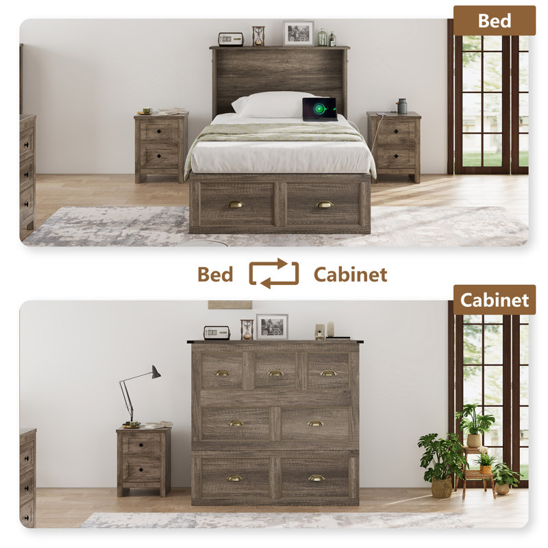 Arlina Farmhouse Twin Murphy Bed With Charging Station & Storage Drawer,Rusitc Gray, Gray
