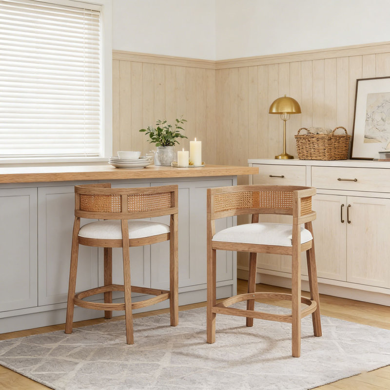 Tabourets de comptoir rembourrés en bois et rotin, Beige, naturel, chêne