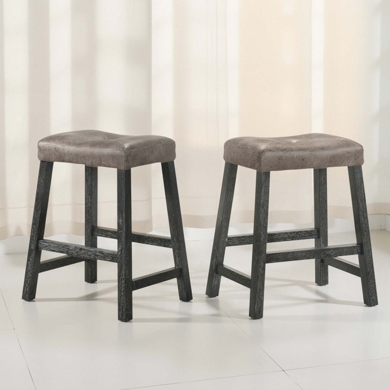 Tabourets de comptoir rustiques sans dossier avec siège en similicuir (ensemble de 2), Gris clair