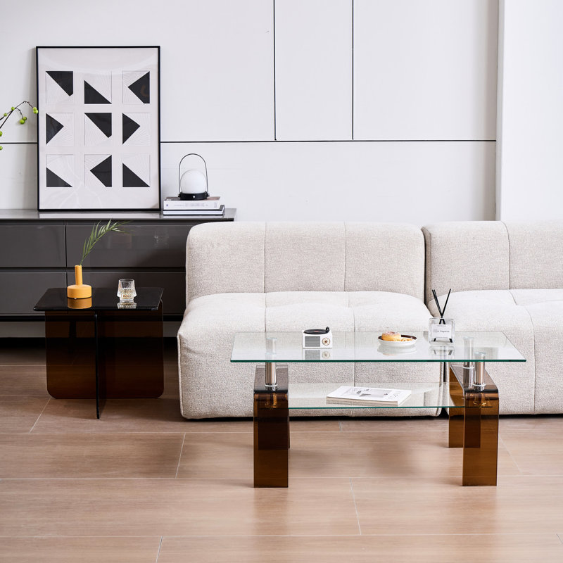 Tempered Glass Modern 2-Tier Coffee Table with Storage Shelf | Space-Saving Center Table for Living Room & Small Spaces