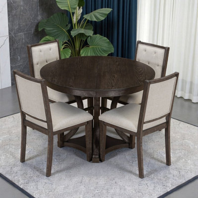 Ensemble de table de salle à manger extensible 5 pièces pour 4-6 personnes, structure en bois massif et sièges rembourrés