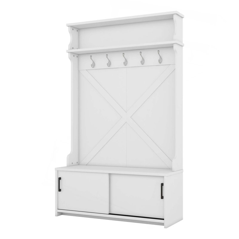 Portemanteau avec tablette supérieure et banc de rangement, armoire à chaussures avec portes coulissantes, portemanteau avec 5 crochets de suspension pour les vestibules