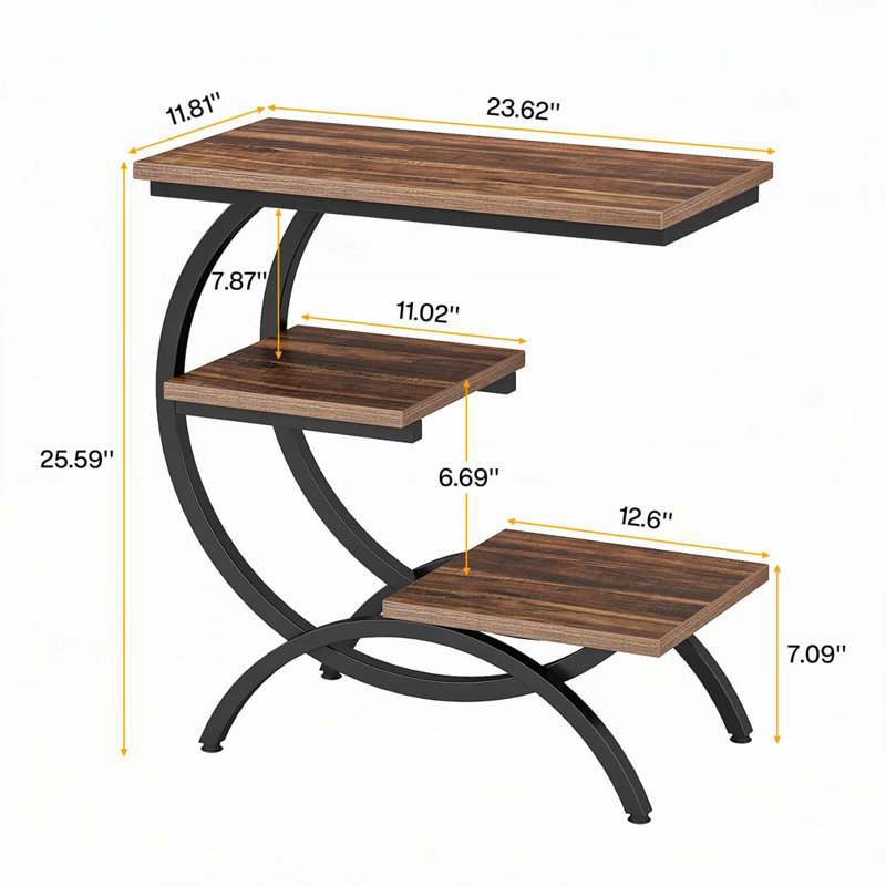 Table de bout en C, table d'appoint industrielle à 3 niveaux avec tablettes de rangement