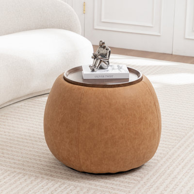 Pietsch Upholstered Round Storage Ottoman With Wooden Tray
